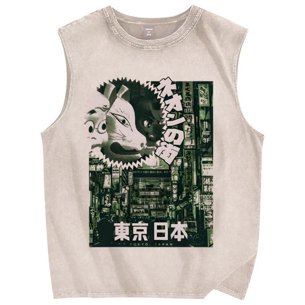 Neon city Tokyo Vintage Distressed Washed Tank Top