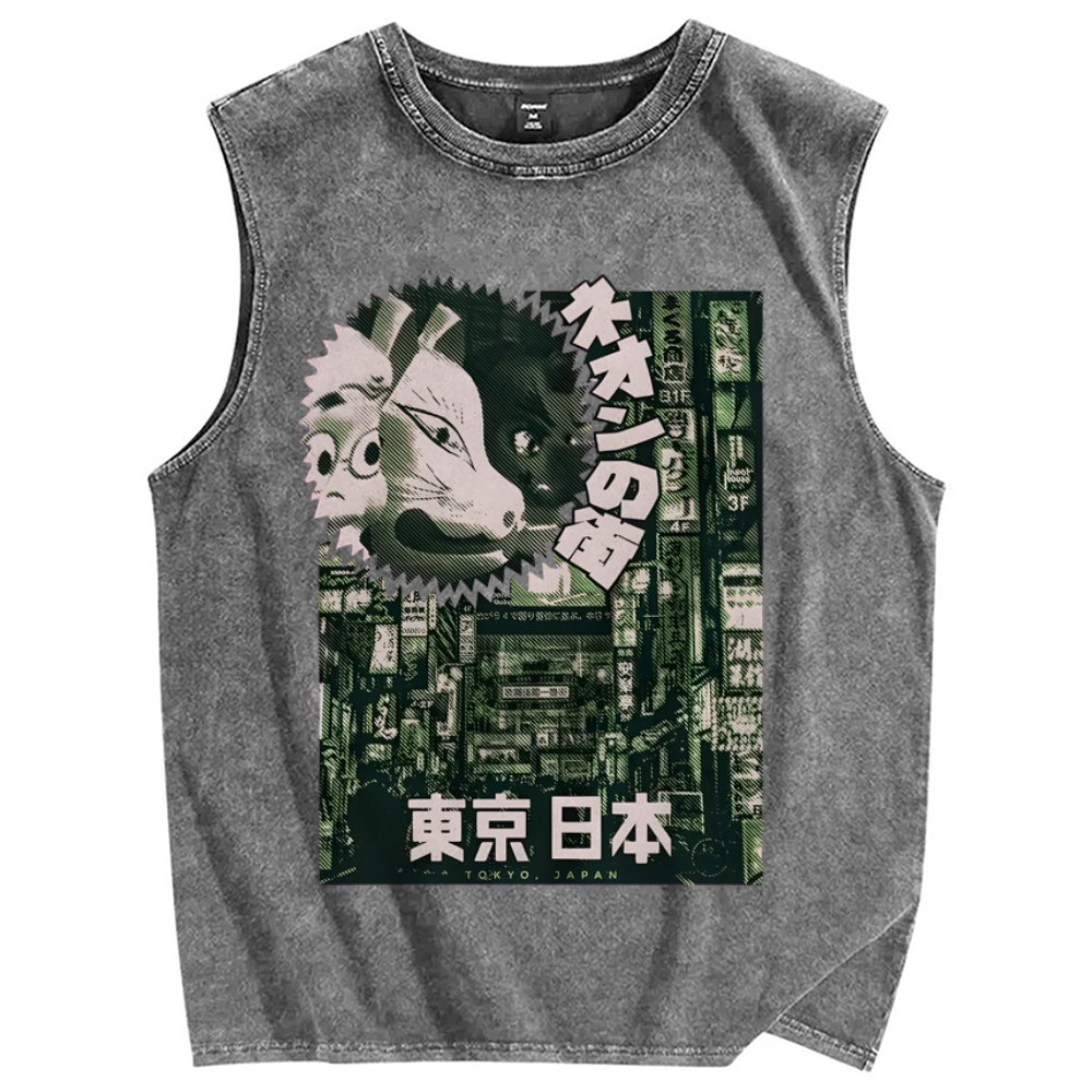 Neon city Tokyo Vintage Distressed Washed Tank Top