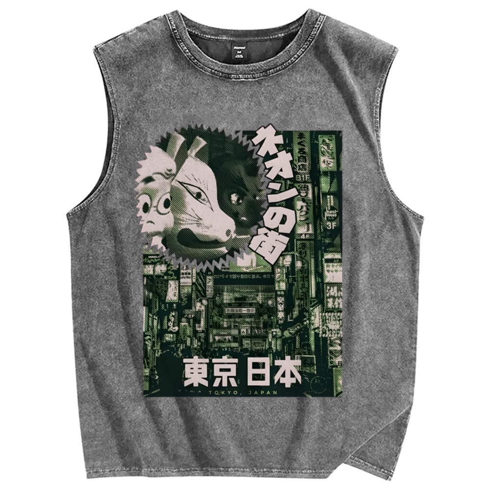 Neon city Tokyo Vintage Distressed Washed Tank Top
