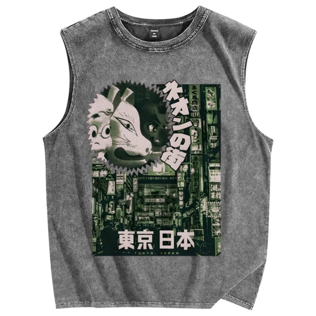 Neon city Tokyo Vintage Distressed Washed Tank Top