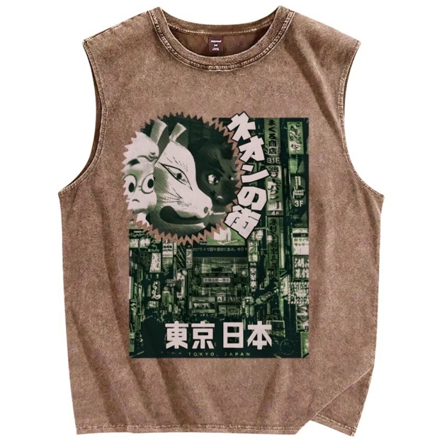 Neon city Tokyo Vintage Distressed Washed Tank Top