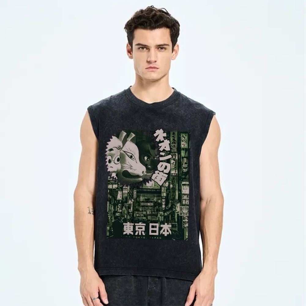 Neon city Tokyo Vintage Distressed Washed Tank Top