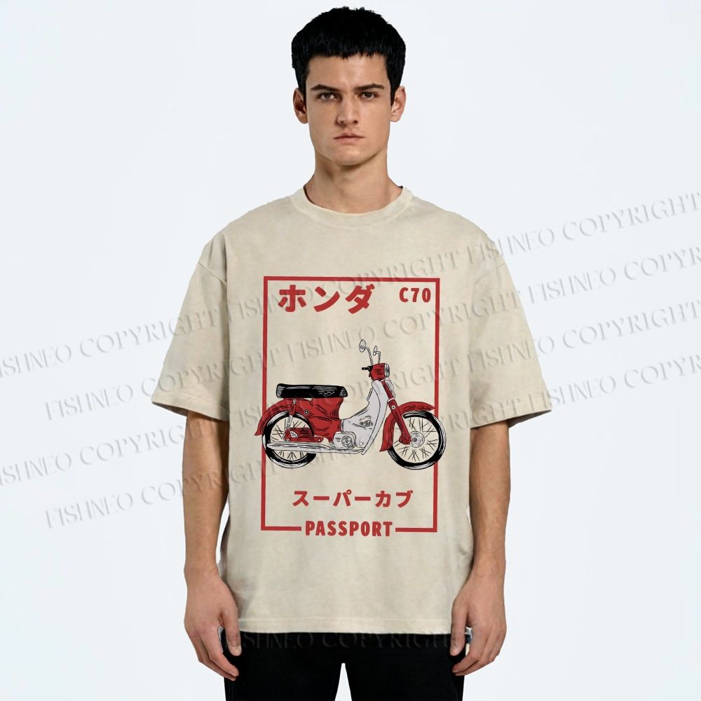 Unisex Honda C70 Super Cub Passport Printed Washed Tee
