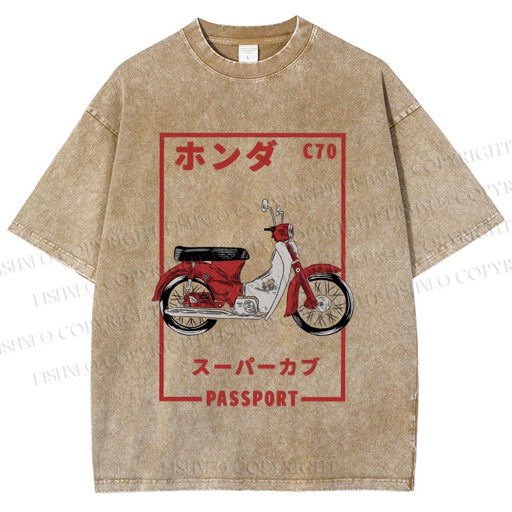 Unisex Honda C70 Super Cub Passport Printed Washed Tee