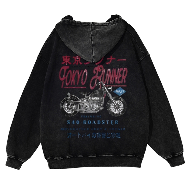 Kawasaki Motorcycle Bike Vintage Washed Cotton Back Art Hoodie