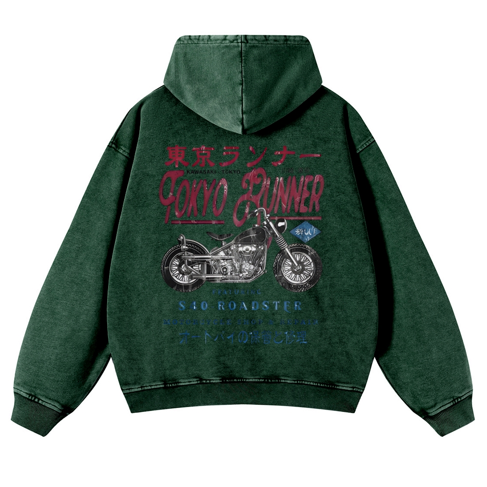 Kawasaki Motorcycle Bike Vintage Washed Cotton Back Art Hoodie
