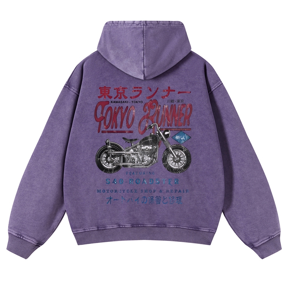 Kawasaki Motorcycle Bike Vintage Washed Cotton Back Art Hoodie