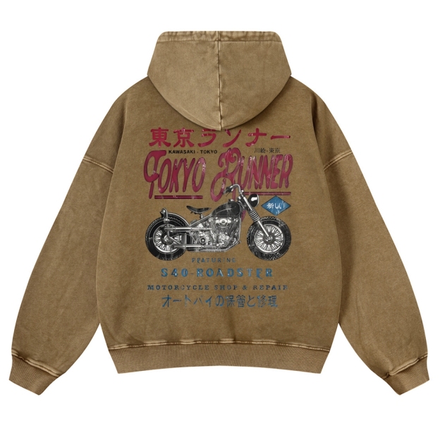 Kawasaki Motorcycle Bike Vintage Washed Cotton Back Art Hoodie
