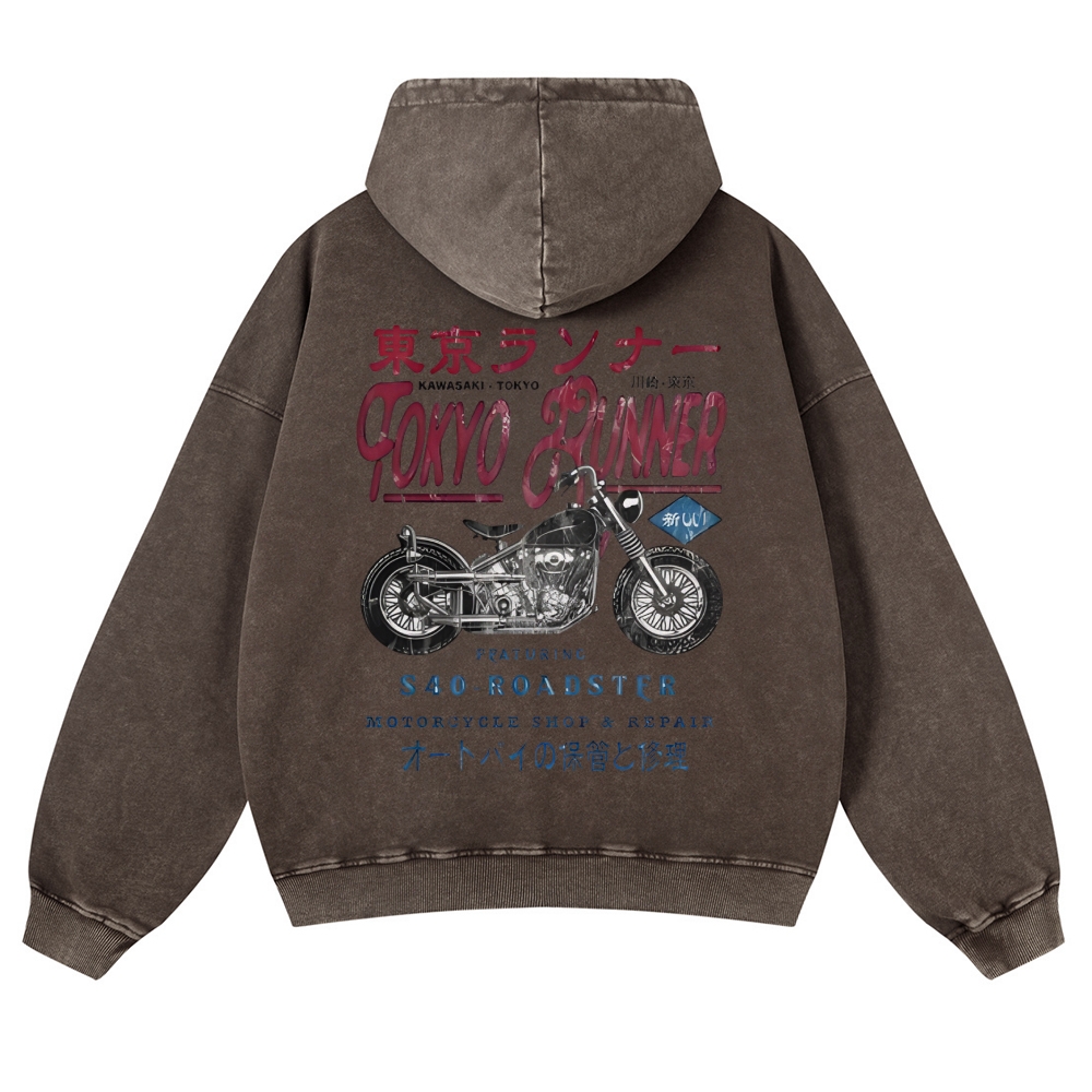 Kawasaki Motorcycle Bike Vintage Washed Cotton Back Art Hoodie