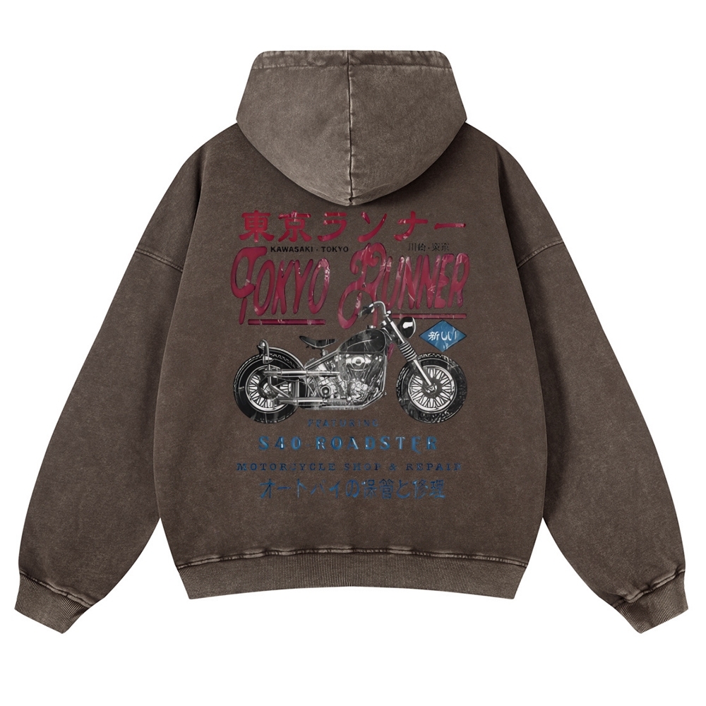 Kawasaki Motorcycle Bike Vintage Washed Cotton Back Art Hoodie