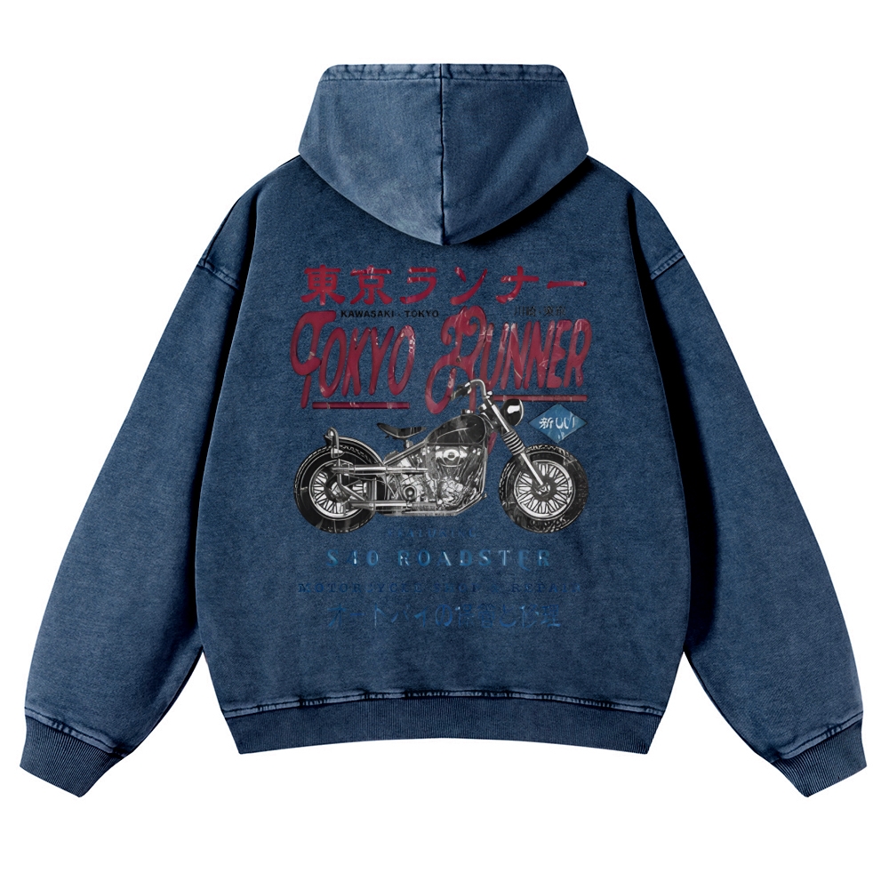 Kawasaki Motorcycle Bike Vintage Washed Cotton Back Art Hoodie