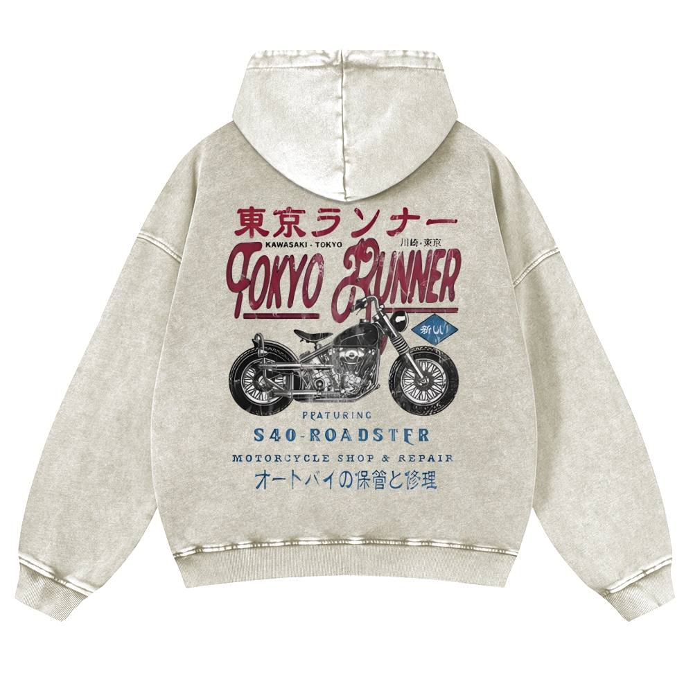 Kawasaki Motorcycle Bike Vintage Washed Cotton Back Art Hoodie