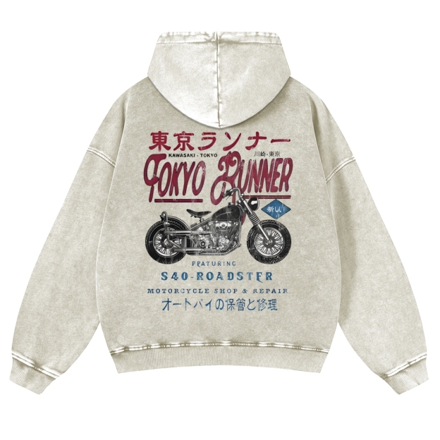Kawasaki Motorcycle Bike Vintage Washed Cotton Back Art Hoodie