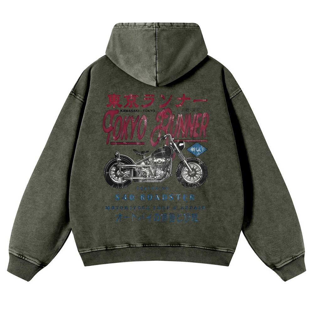 Kawasaki Motorcycle Bike Vintage Washed Cotton Back Art Hoodie