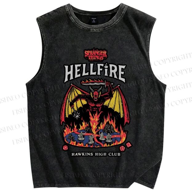 Unisex Stranger Things Hell Fire Printed Washed Tank Top