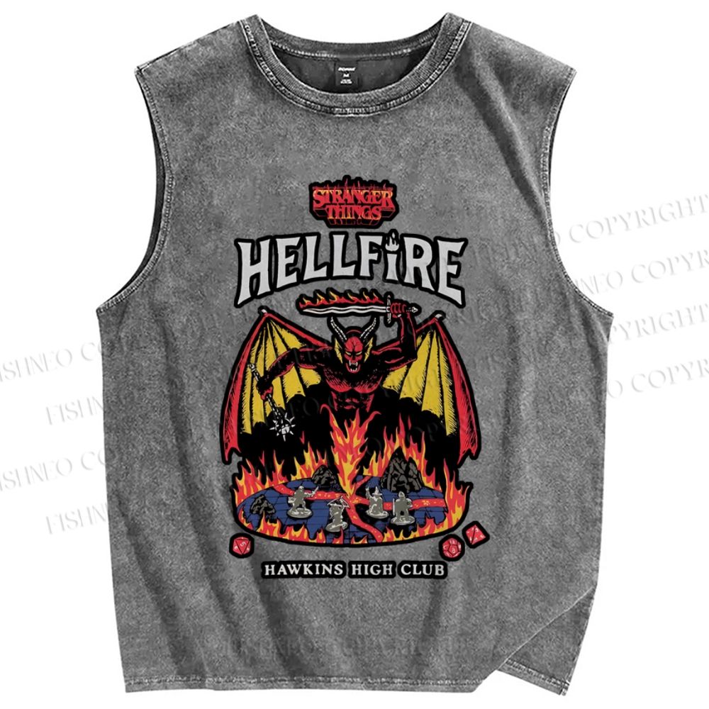 Unisex Stranger Things Hell Fire Printed Washed Tank Top