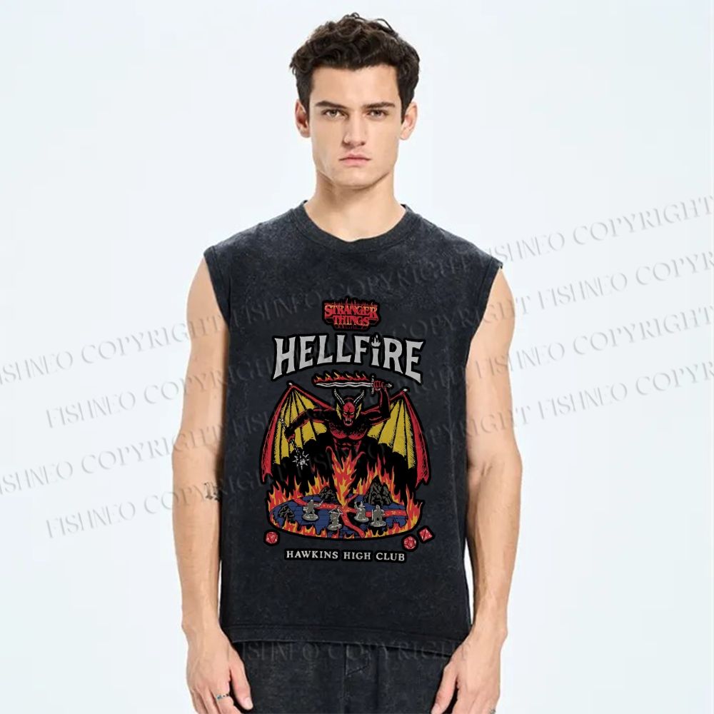 Unisex Stranger Things Hell Fire Printed Washed Tank Top