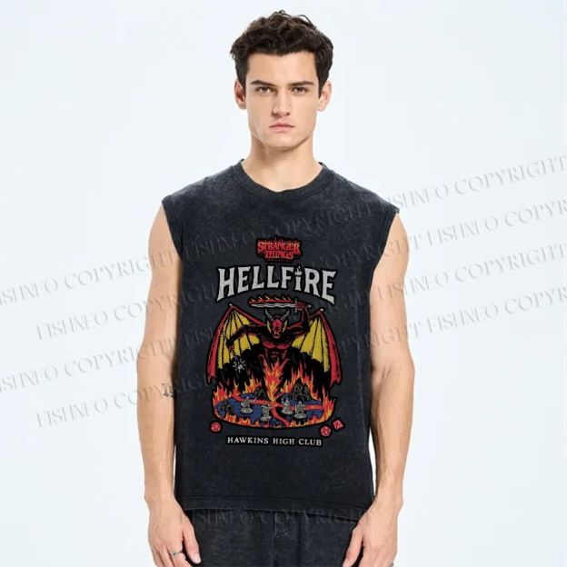Unisex Stranger Things Hell Fire Printed Washed Tank Top