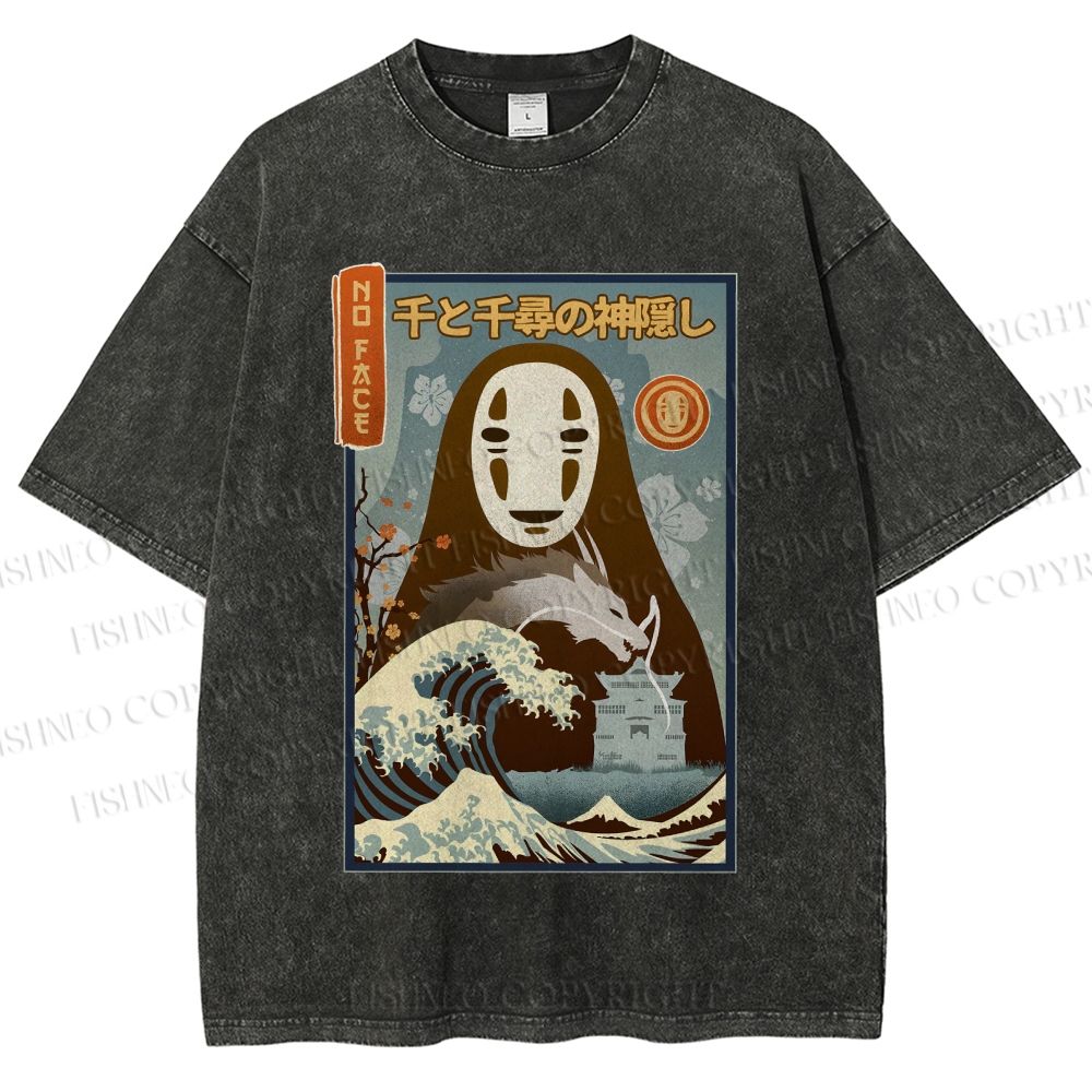 Unisex No-Face Great Wave Off Kanagawa Printed Washed Tee