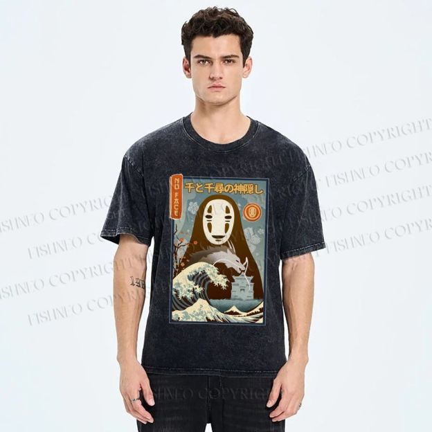 Unisex No-Face Great Wave Off Kanagawa Printed Washed Tee