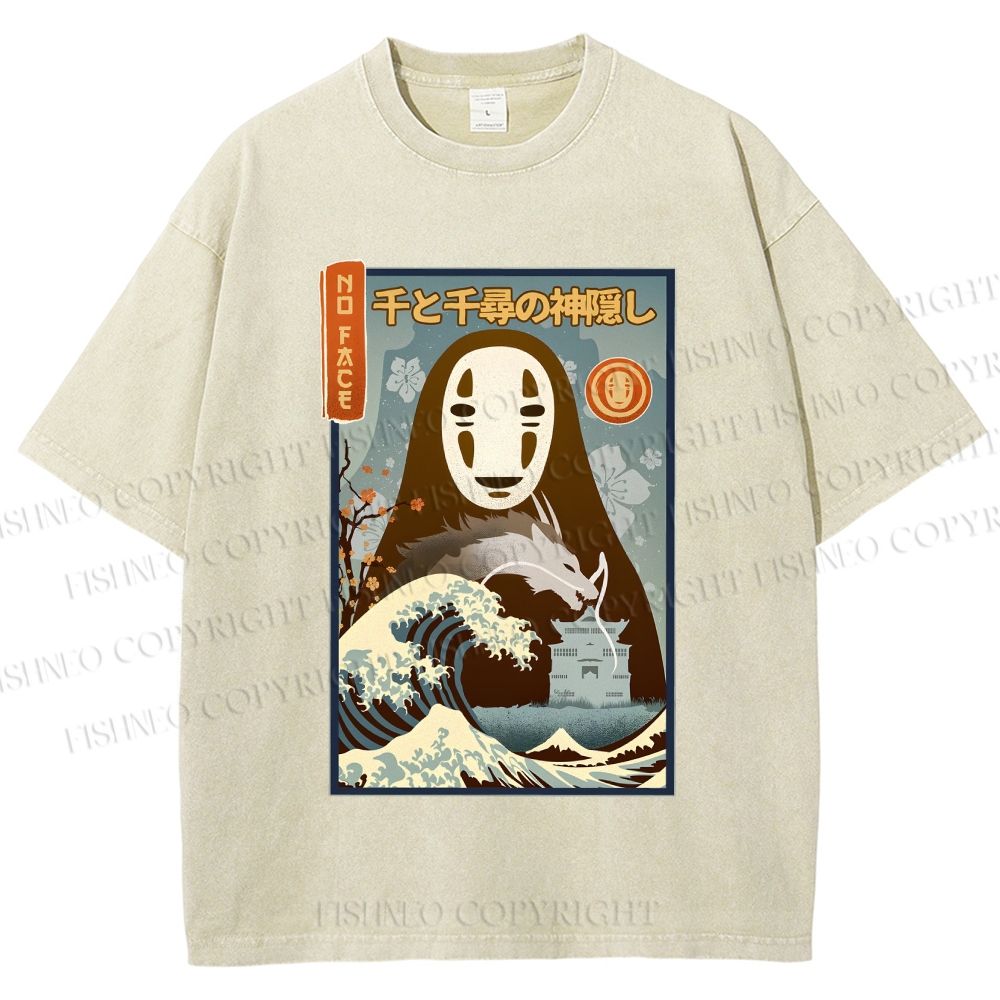 Unisex No-Face Great Wave Off Kanagawa Printed Washed Tee
