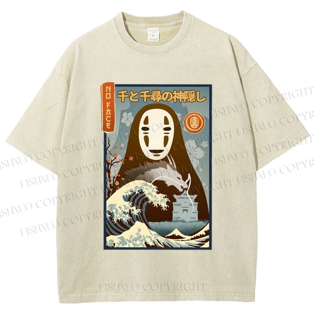 Unisex No-Face Great Wave Off Kanagawa Printed Washed Tee