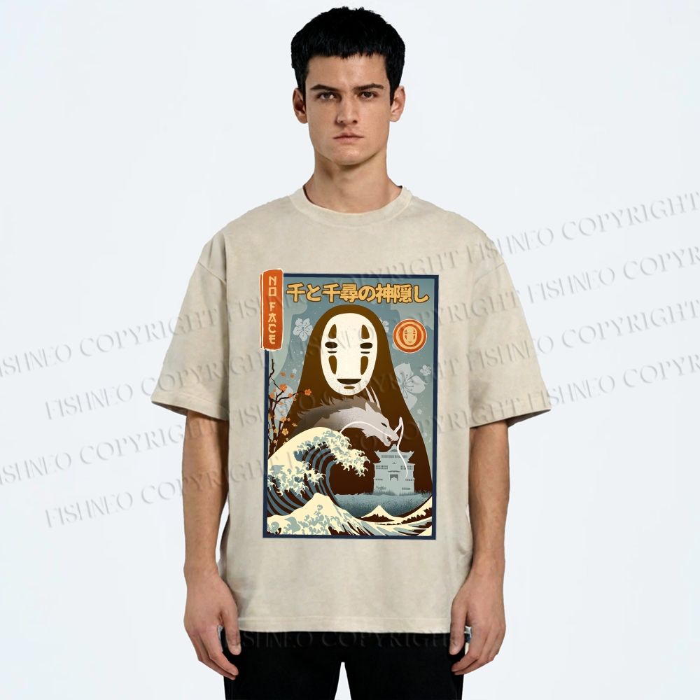 Unisex No-Face Great Wave Off Kanagawa Printed Washed Tee