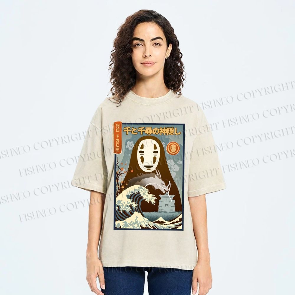 Unisex No-Face Great Wave Off Kanagawa Printed Washed Tee