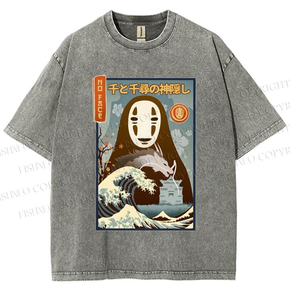 Unisex No-Face Great Wave Off Kanagawa Printed Washed Tee