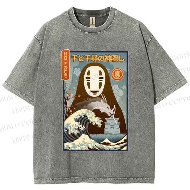 Unisex No-Face Great Wave Off Kanagawa Printed Washed Tee