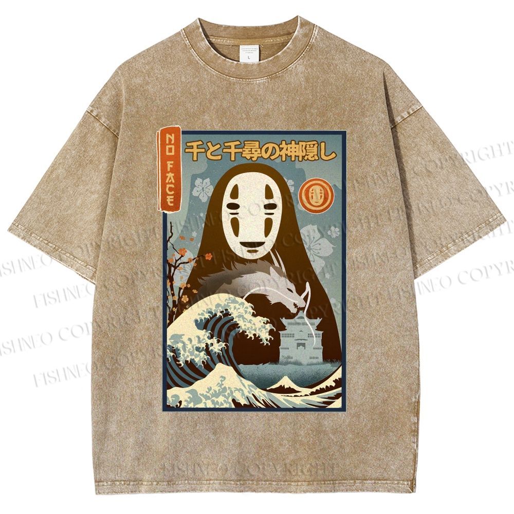 Unisex No-Face Great Wave Off Kanagawa Printed Washed Tee