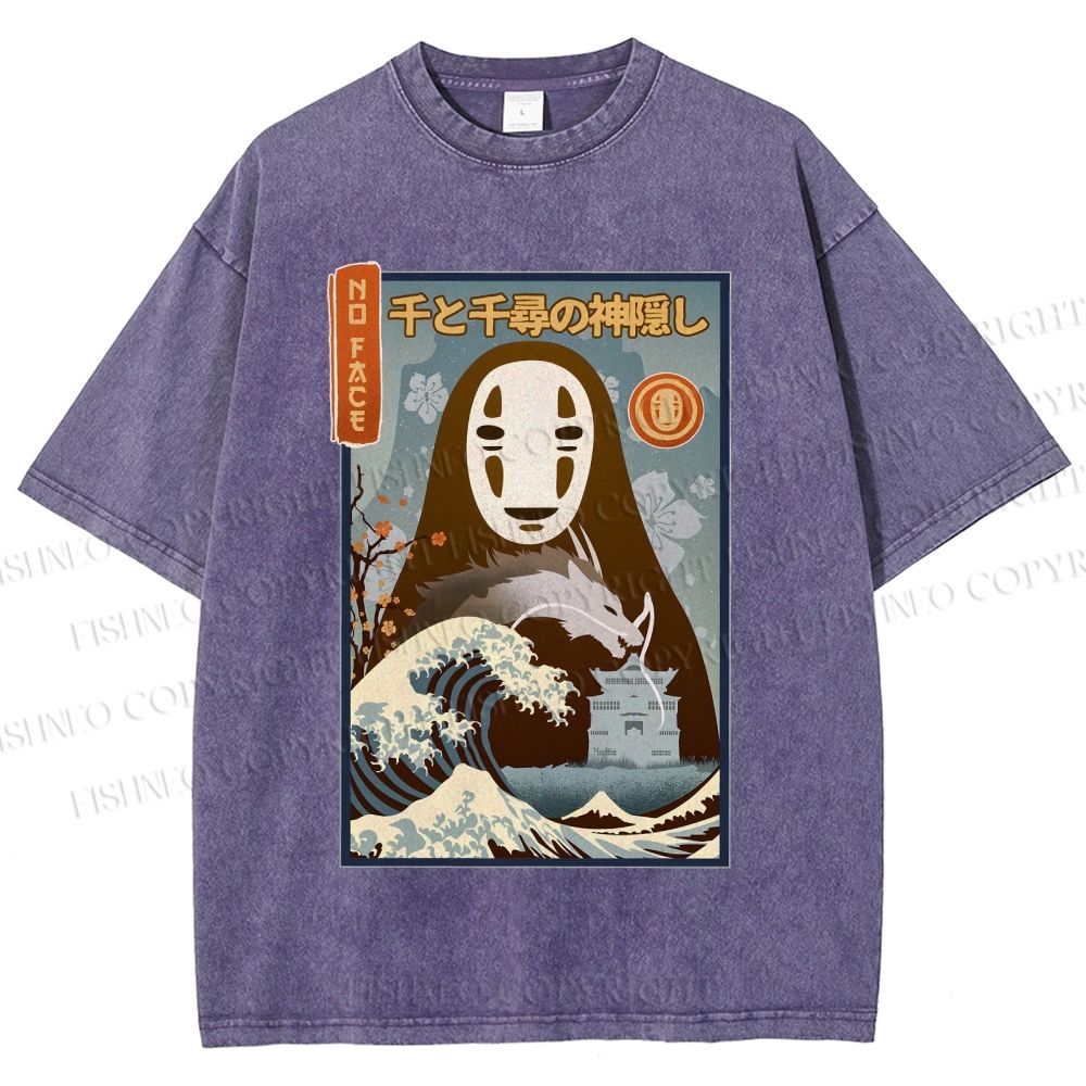 Unisex No-Face Great Wave Off Kanagawa Printed Washed Tee