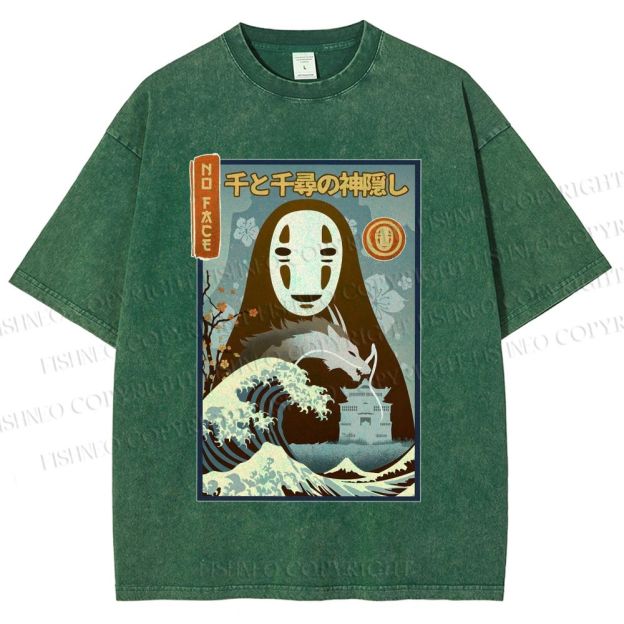 Unisex No-Face Great Wave Off Kanagawa Printed Washed Tee