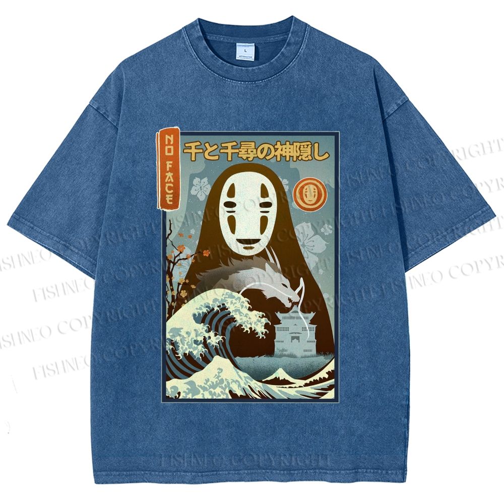Unisex No-Face Great Wave Off Kanagawa Printed Washed Tee