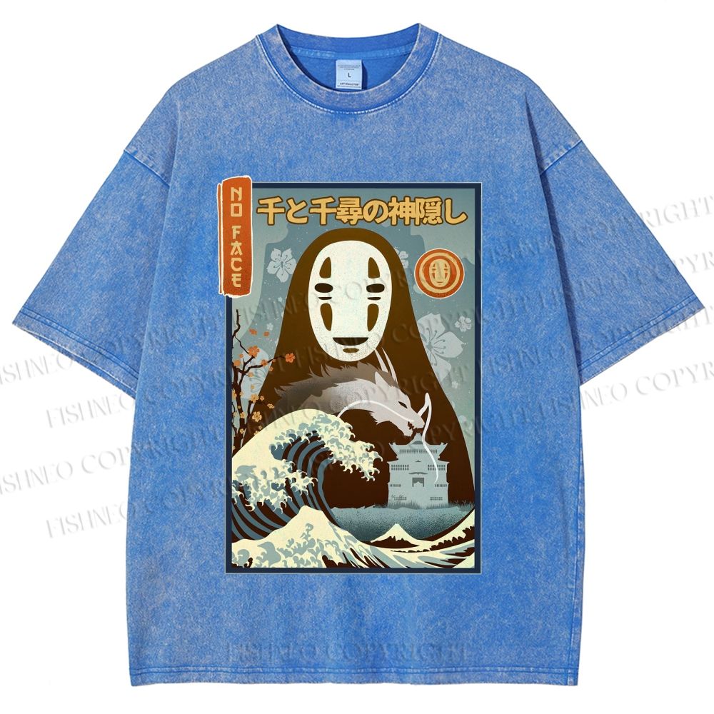 Unisex No-Face Great Wave Off Kanagawa Printed Washed Tee