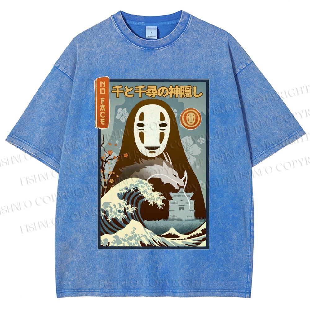 Unisex No-Face Great Wave Off Kanagawa Printed Washed Tee