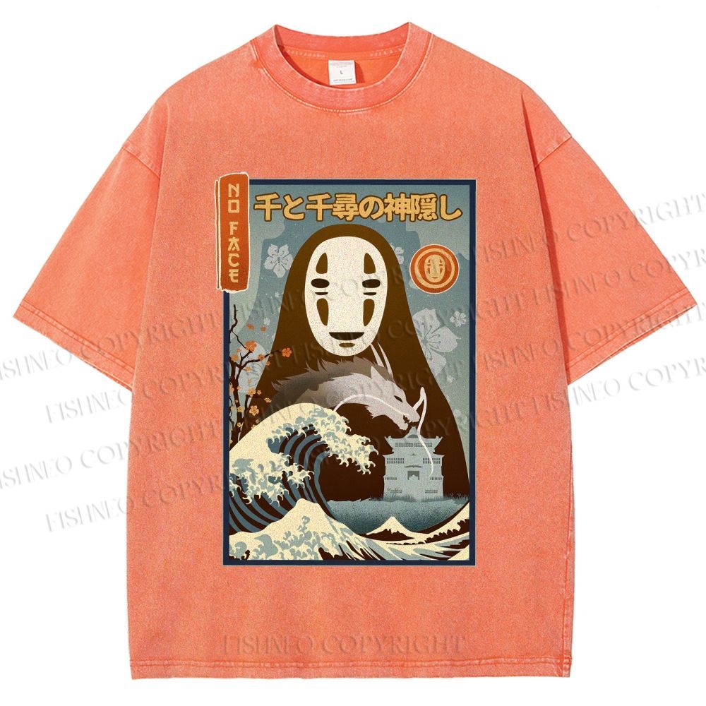 Unisex No-Face Great Wave Off Kanagawa Printed Washed Tee