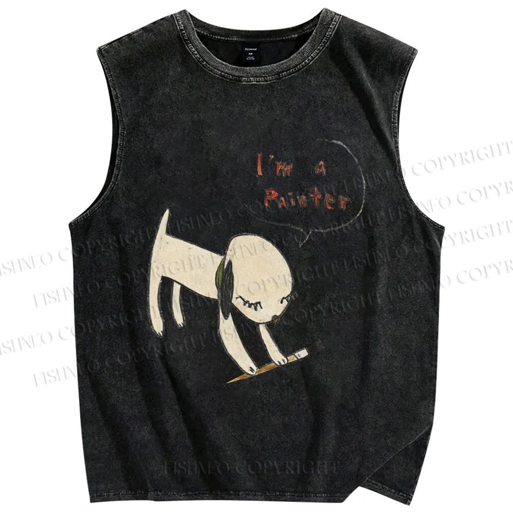 Unisex Yoshitomo Nara  Paintbrush Dog Printed Washed Tank Top