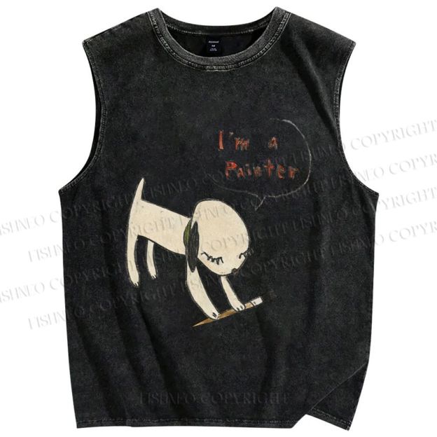 Unisex Yoshitomo Nara  Paintbrush Dog Printed Washed Tank Top
