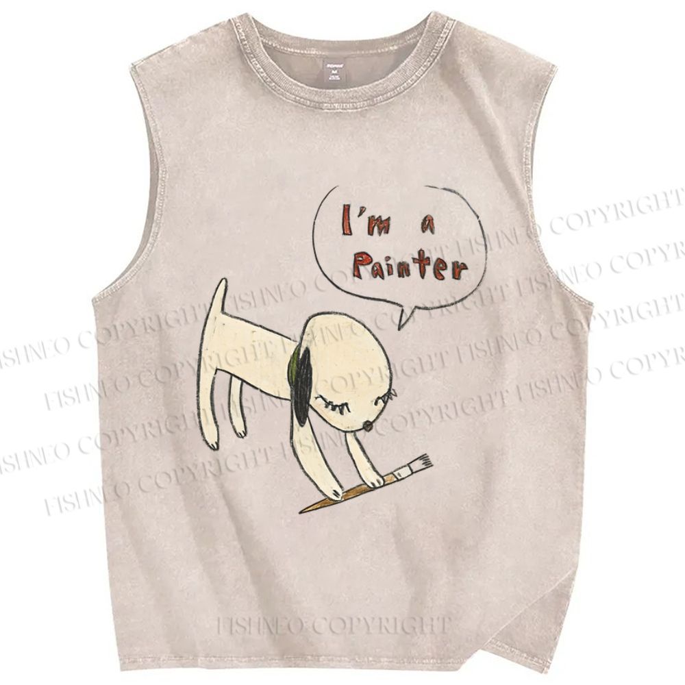 Unisex Yoshitomo Nara Paintbrush Dog Printed Washed Tank Top