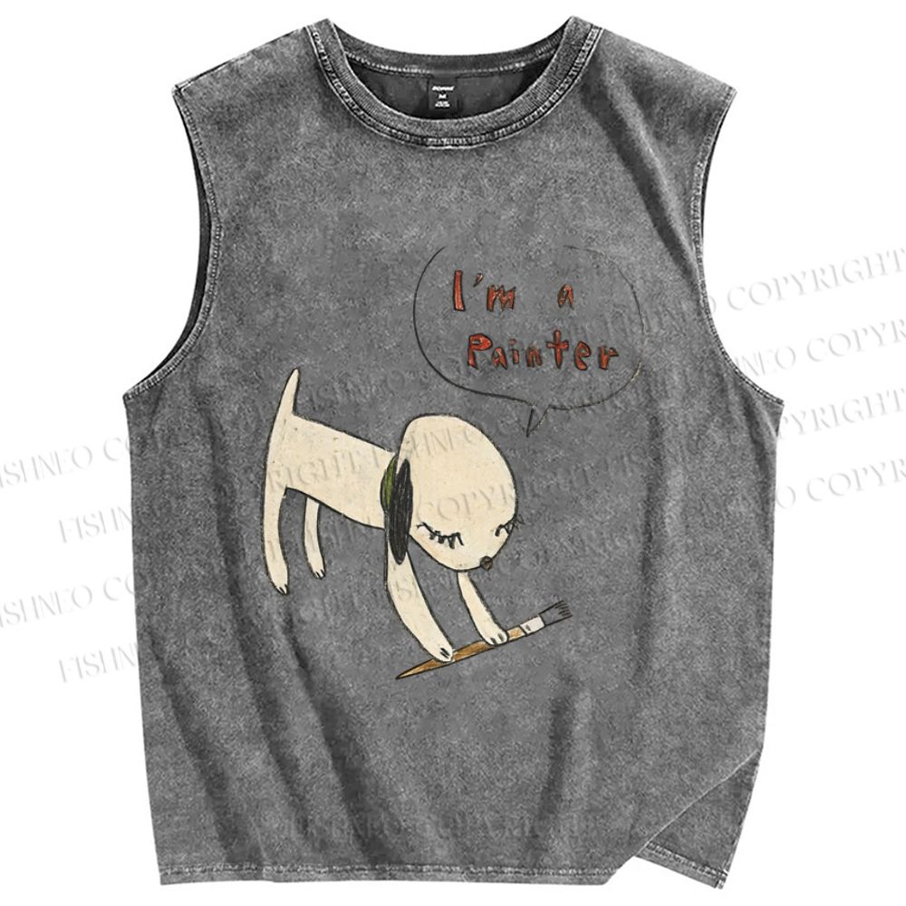Unisex Yoshitomo Nara  Paintbrush Dog Printed Washed Tank Top