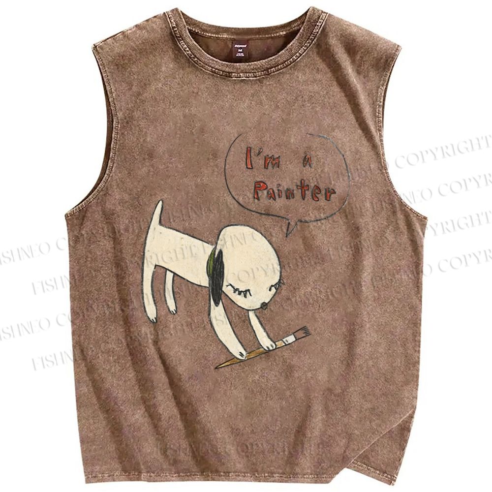 Unisex Yoshitomo Nara  Paintbrush Dog Printed Washed Tank Top