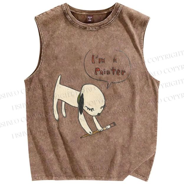 Unisex Yoshitomo Nara  Paintbrush Dog Printed Washed Tank Top