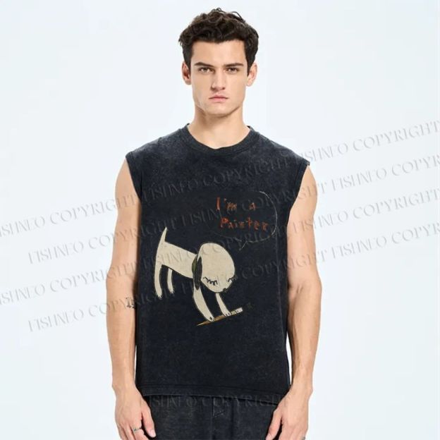 Unisex Yoshitomo Nara  Paintbrush Dog Printed Washed Tank Top