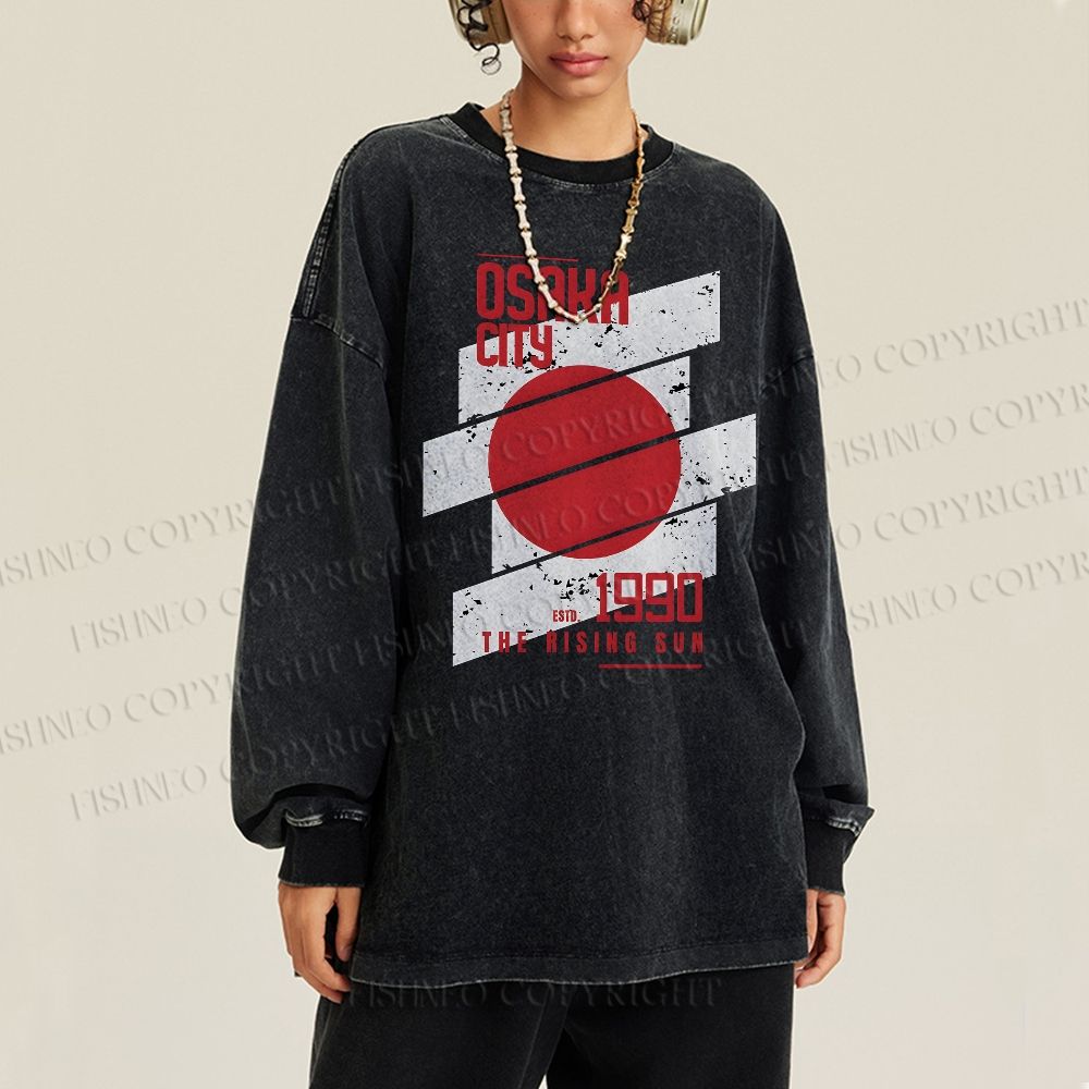 Unisex Casual Washed Osaka City Printed Long Sleeve T-shirt