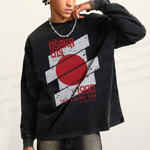 Unisex Casual Washed Osaka City Printed Long Sleeve T-shirt