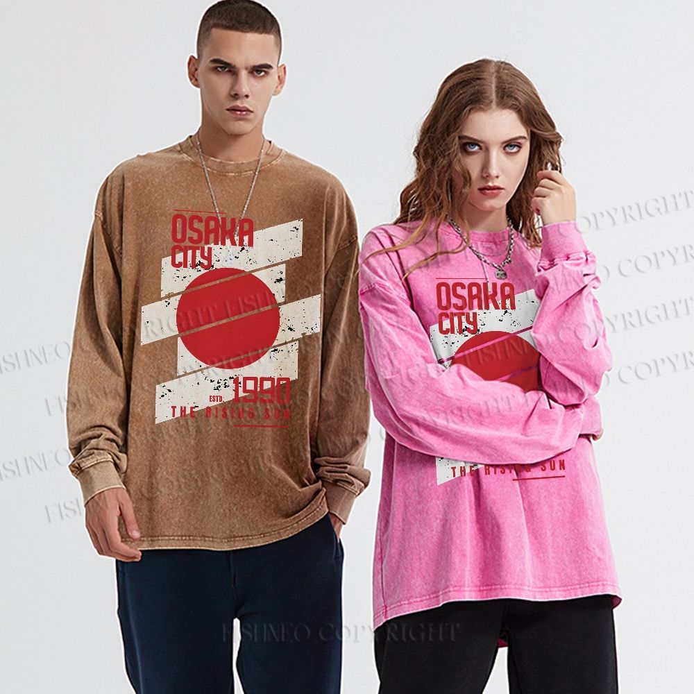 Unisex Casual Washed Osaka City Printed Long Sleeve T-shirt