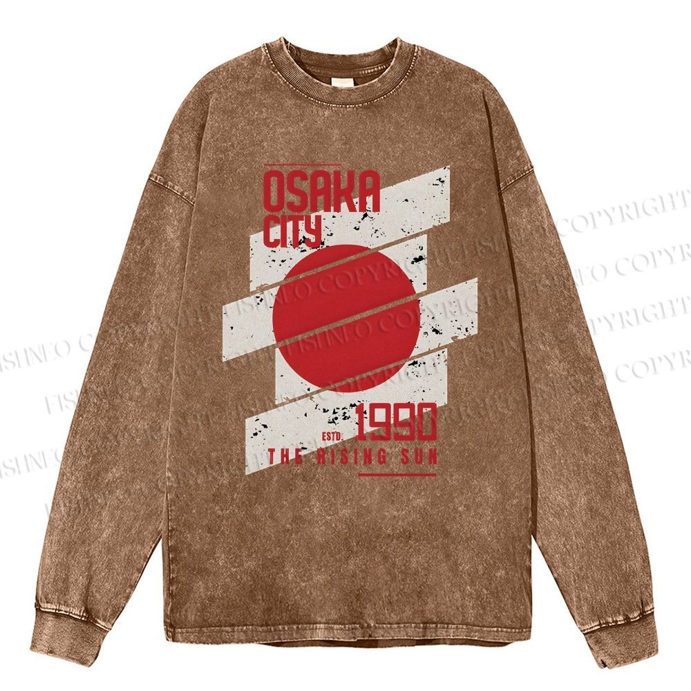 Unisex Casual Washed Osaka City Printed Long Sleeve T-shirt