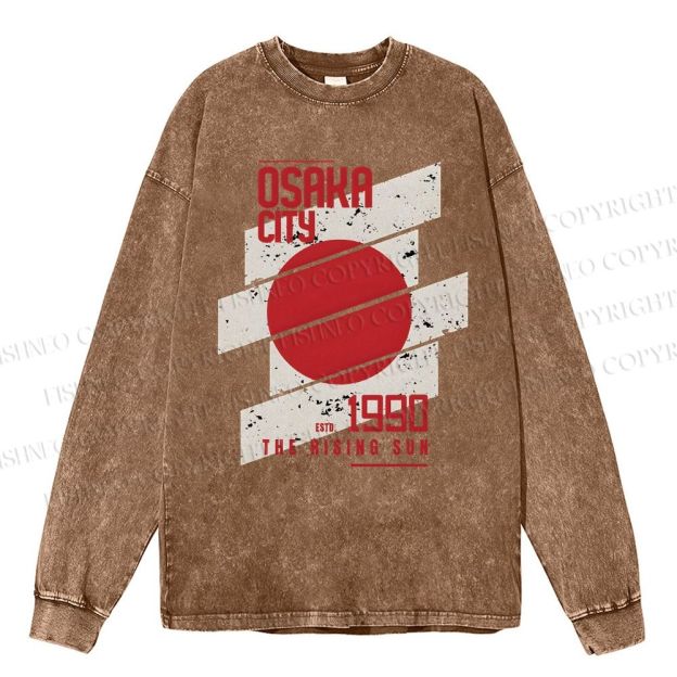 Unisex Casual Washed Osaka City Printed Long Sleeve T-shirt