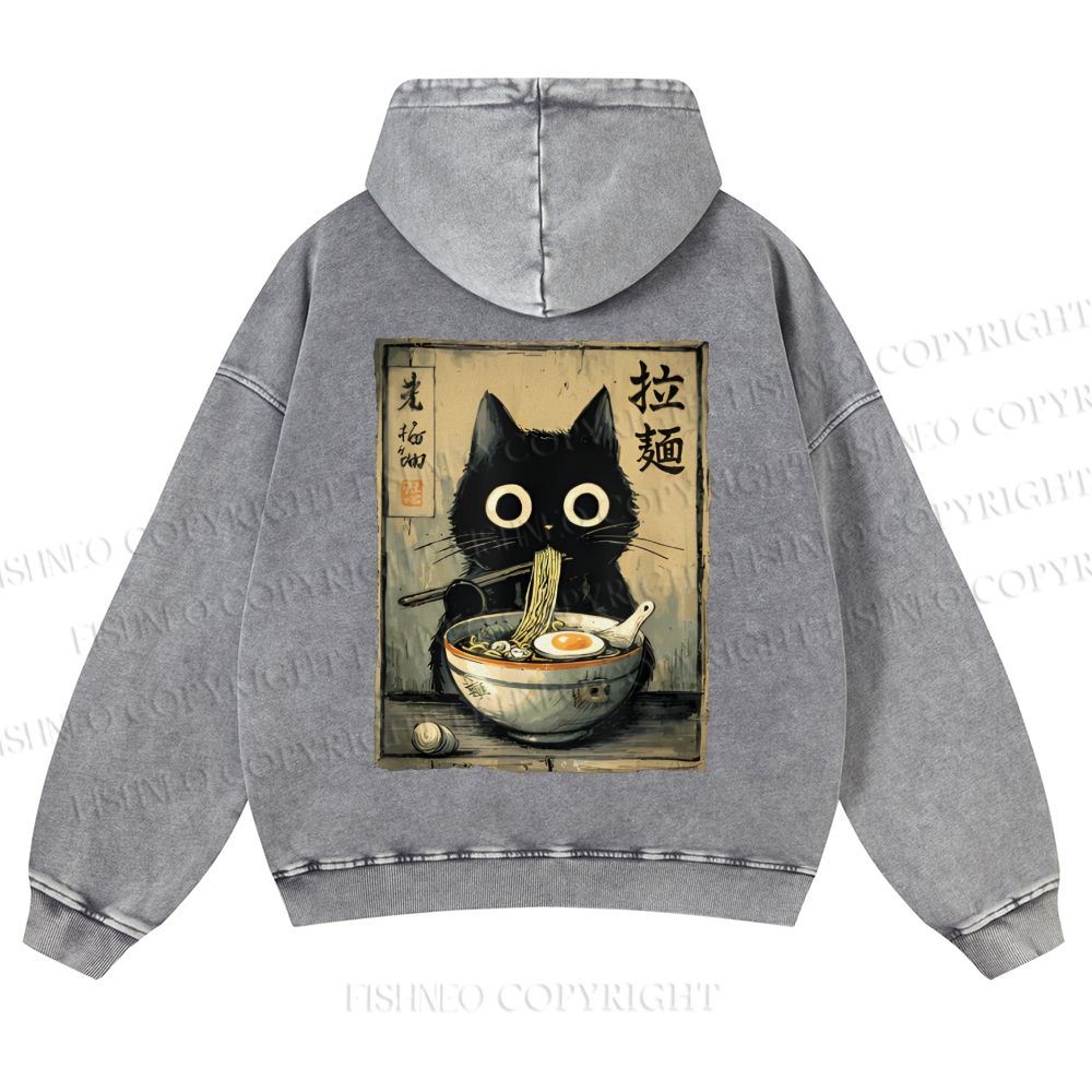 Casual Cat Eating Ramen Printed Washed Hoodie
